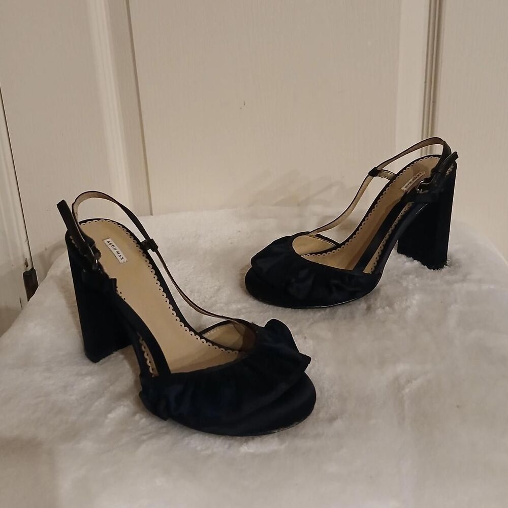 Leon Max black satin ruffled sling back chunky block heel closed toe heels 5.5